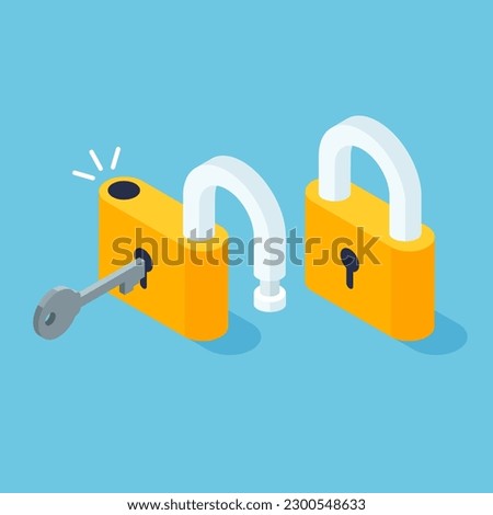 Isometric locked and unlocked lock. Open and closed padlock with key. Vector illustration in trendy 3d style isolated on blue background.