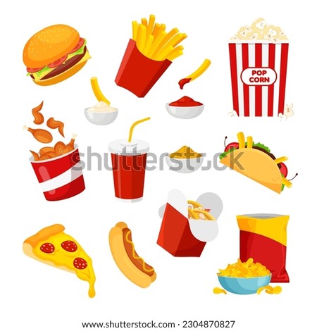 Junk food set. Fastfood: burger, hot-dog, pizza, chips, french fries, popcorn, chicken leg, tacos etc. Unhealthy eating. Vector illustration in trendy flat style isolated on white background.