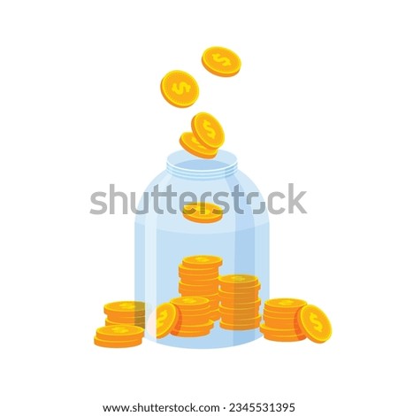 Glass jar filled with gold coins. Money growth, income, savings, investment. Success concept. Vector illustration in trendy flat style isolated.