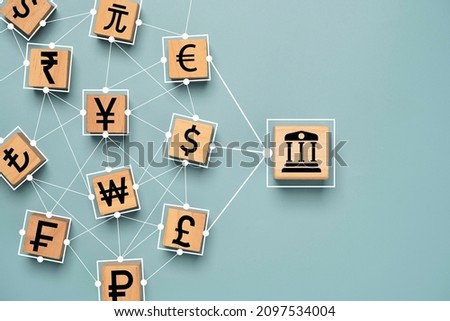 Central banking icon connect linkage with currency sign include US dollar Euro Yen Yuan and pound sterling for global money exchange and transfer or forex concept. Сток-фото © 