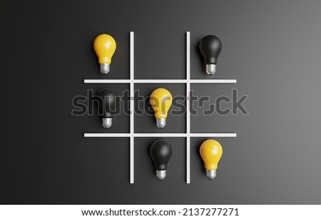 O X or tic tac toe game by use realistic yellow and black lightbulb for creative smart thinking for inspiration and innovation concept by 3d render. Foto stock © 