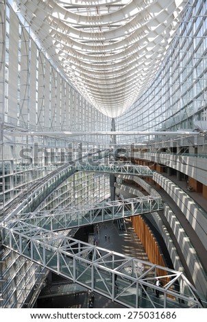 TOKYO - JULY 31, 2014: Lobby gallery of Tokyo International Forum in Chiyoda ward, Tokyo.  Completed in 1996, this 11-story building is a convention center.