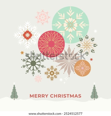 Christmas card designed with many different snowflake patterns. All in group and separate layers. Vector.