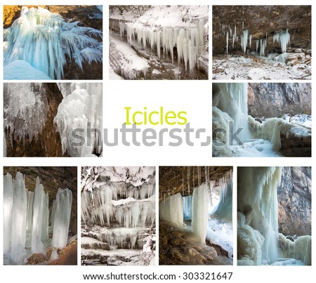 Set of pictures with falling water stream has formed ice crust on the background of rocks. Icicles.