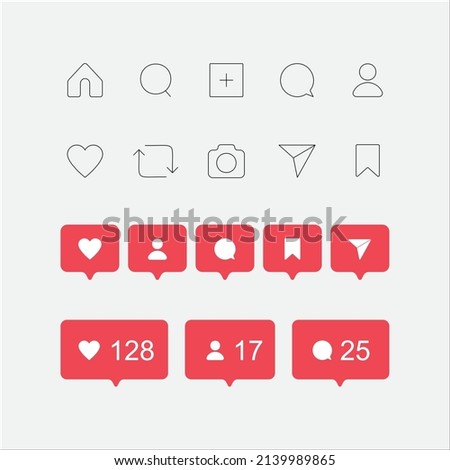 Social media Instagram interface set buttons, icons: home, camera, comment, search, photo camera, heart, like, user story. Vector illustration. EPS 10