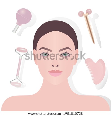 Facial care. Home massage tools. Close-up of the girl's face. Vacuum can, guache scraper, jade roller massager. Foto stock © 
