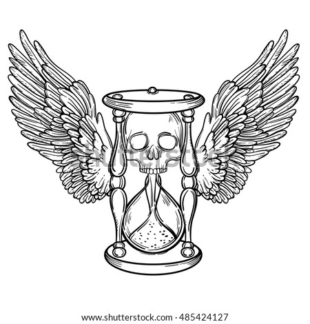 Decorative antique death hourglass illustration with wings and skull. Hand drawn tarot card. Sketch for tattoo, hipster t-shirt design, vintage style posters. Coloring book for kids and adults.