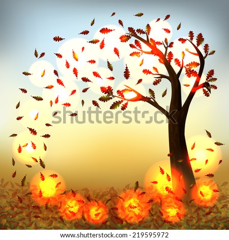 Abstract autumn landscape of trees and fallen leaves. Place for your text. Season backdrop. Autumn template. Vector illustration.