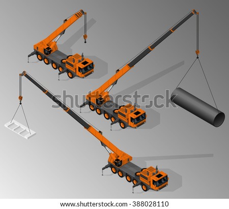 Vector isometric illustration of three views of mobile crane. Equipment for the construction industry.