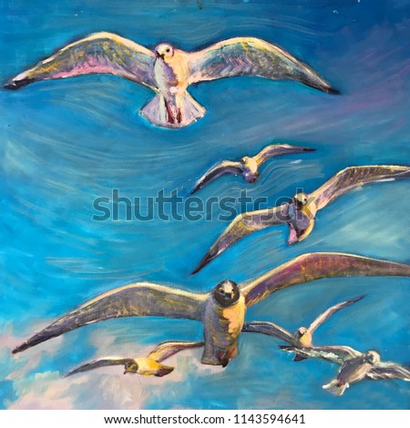 Large white birds fly across the sky, wide open wings. A sea gull flies past a blue sky above the water. Symbol of freedom peace in the world. Realistic art painting of artist draw oil strokes texture