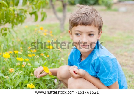 Boy having fun with yellow flowers. 7 years old boy in blue t-shirt in the garden.