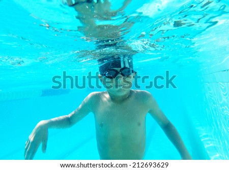 Portrait of a cute little boy swimming underwater in googles