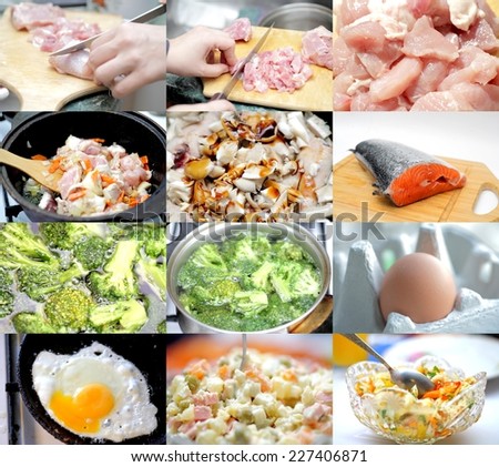 Food preparation. Set of different images food ingredients in raw and prepared state