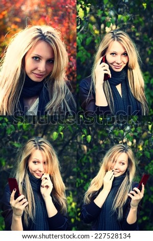 Blondde women call by cell phone outdoors set of photo, collection  of images