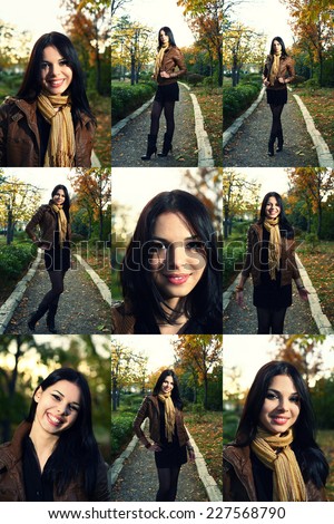 Young brunette posing in autumn park in happy state of mind. Collection of images