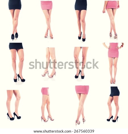 Set of different womens legs. Art of the body toned colorized image. Side, rear, back, front view. High heels in studio.  Crossed legs.  Color toned. Colorized image. Big set of studio pictures.