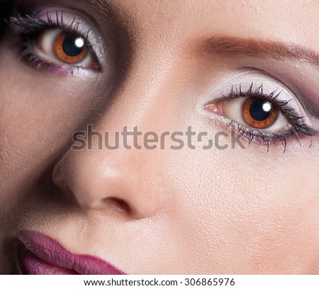 Eyes nose and lips part of the face image.  Fashion make-up concept. Deep look. Cute eyes.