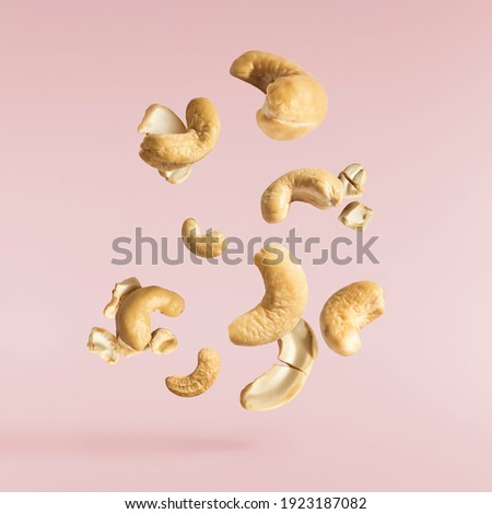 Fresh tasty Cashew nuts falling in the air isolated on pink background. Food levitation concept. High resolution image.