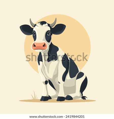 Cute Happy Black Spotted Cow Isolated on colorful background. Flat Cartoon Style