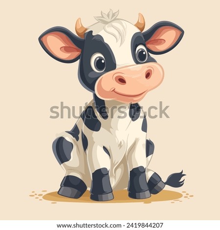 Cute Happy Black Spotted Cow Isolated on colorful background. Flat Cartoon Style