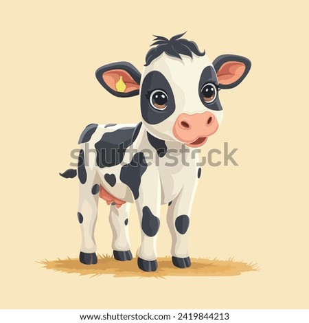 Cute Happy Black Spotted Cow Isolated on colorful background. Flat Cartoon Style