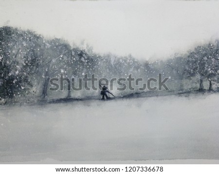 watercolor landscape man walking through the forest in the snow storm. traditional oriental. asia art style