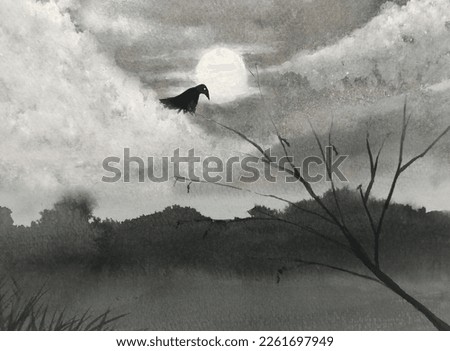 watercolor painting night full moon landscape mountain mystery crow on a tree.