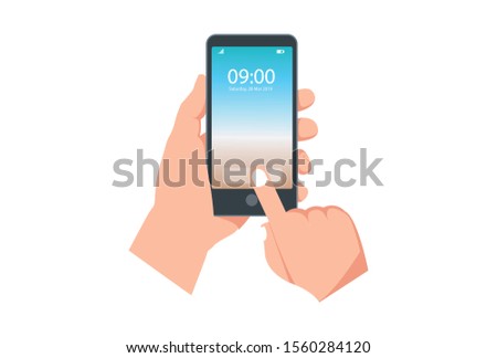 illustration Screen Unlock on smartphone screen. Hand holds smartphone, finger touches button. Downloading document concept for web banners, web sites, infographics. Creative flat design vector 