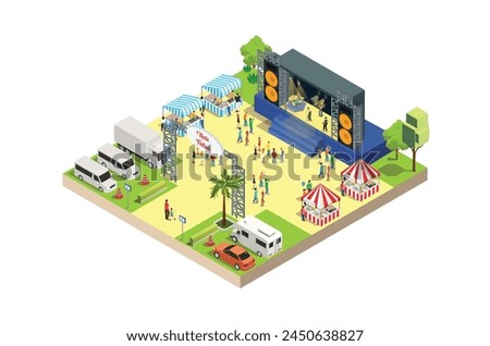 Music Festival Illustration Concept 3d Isometric View of Party Elements, camper van, bus. Concert Background and Stage Landscape. Musical Event vector illustration