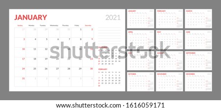 Wall calendar for 2021 year in clean minimal style. Corporate design planner template. Week Starts on Sunday. Set of 12 Months. Ready for print.