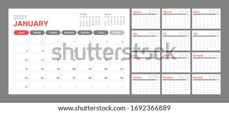 Wall calendar template for 2021 year. Planner diary in a minimalist style. Week Starts on Sunday. Monthly calendar ready for print.