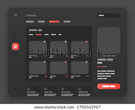 Concept for social media, online store, hotel reservation. Wireframes screens. Dashboard UI and UX Kit design. Use for mobile app or website. Dark mode.
