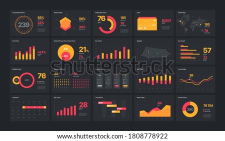 Elements of infographics on a black background. For business layout, presentation template, flyer, leaflet and corporate report. UI and UX Kit with big data visualization.