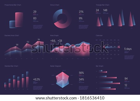 Infographic charts for business layout, presentation template and finance report. Data visualization with stock diagrams, statistic bars and charts.