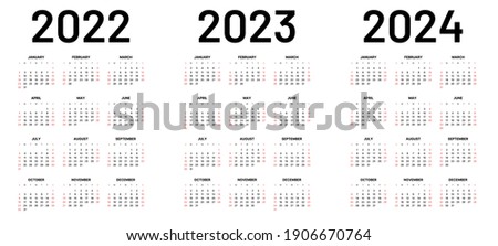 Monthly calendar template for 2022, 2023 and 2024 years. Week Starts on Sunday. Wall calendar in a minimalist style.