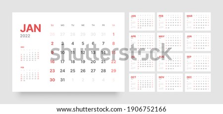 Monthly calendar template for 2022 year. Week Starts on Sunday. Wall calendar in a minimalist style.