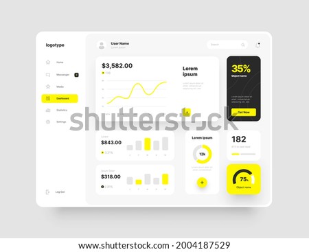 Dashboard design in yellow color. App interface with UI and UX elements. Use design for web application, desktop or mobile app.