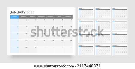 Monthly calendar template for 2023 year. Week Starts on Sunday. Wall calendar in a minimalist style.