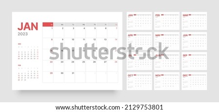 Monthly calendar template for 2023 year. Week Starts on Sunday. Wall calendar in a minimalist style.