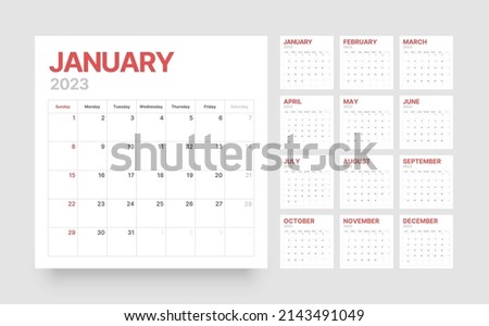 Monthly calendar template for 2023 year. Desktop calendar in the style of minimalist square shape. Week Starts on Sunday. 