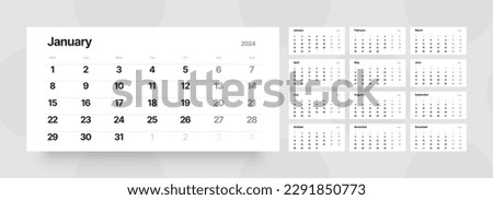 Quarter calendar template for 2024 year. Wall calendar grid in a minimalist style. Week Starts on Monday. 