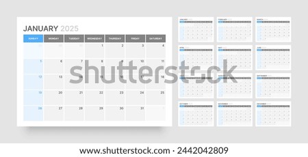 Monthly calendar template for 2025 year. Wall calendar in a minimalist style. Week Starts on Sunday.