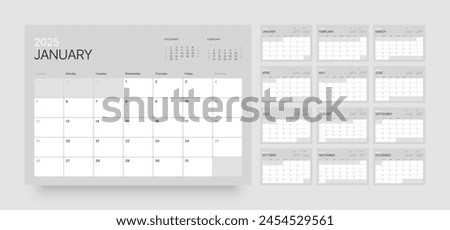 Monthly calendar template for 2025 year. Wall or desk calendar in a minimalist style. Diary planner for 2025 year. Week Starts on Sunday. 