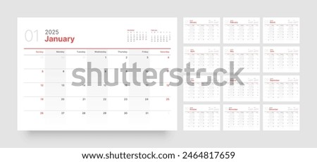 Monthly calendar template for 2025 year. Wall or desk calendar in a minimalist style. Diary planner for 2025 year. Week Starts on Sunday. 