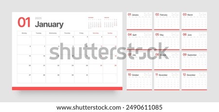 Monthly calendar template for 2025 year. Diary planner in a minimalist style. Week Starts on Monday. 