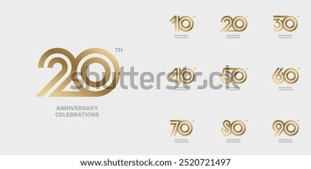 Set of anniversary logo design. Symbols of celebration 10, 20, 30, 40, 50, 60, 70, 80, 90 years.