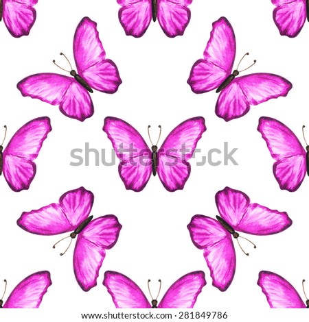 Watercolor summer seamless pattern with pink butterflies on white background. Hand painting on paper