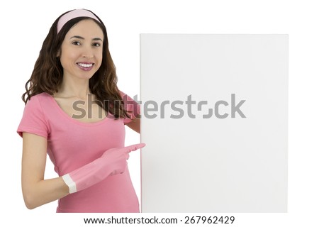 Cleaning woman showing a blank advertising poster