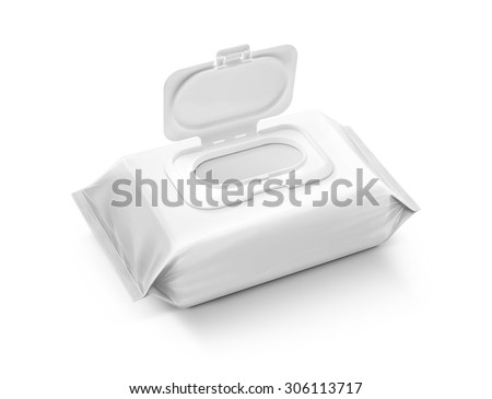 blank packaging wet wipes pouch with opened plastic cap isolated on white background