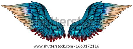 Magic beautiful glowing turquoise wings with beige and red feathers, vector